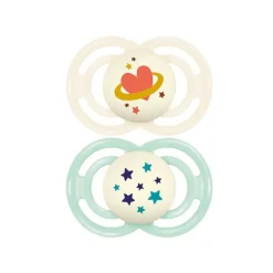 Lot de 2 sucettes silicone Perfect Nuit 18M+ tendance (modèle aléatoire)