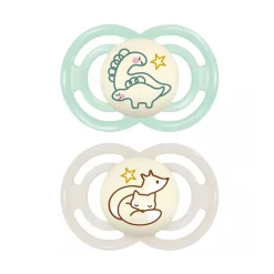 Lot de 2 sucettes silicone Perfect Nuit 6M+ animaux (modèle aléatoire)
