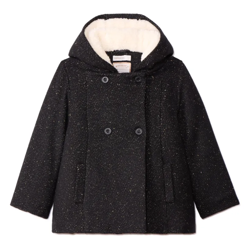 Manteau drap de laine en lurex noir et doublure sherpa pour fille