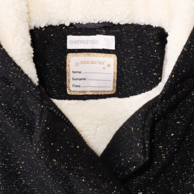 Manteau drap de laine en lurex noir et doublure sherpa pour fille