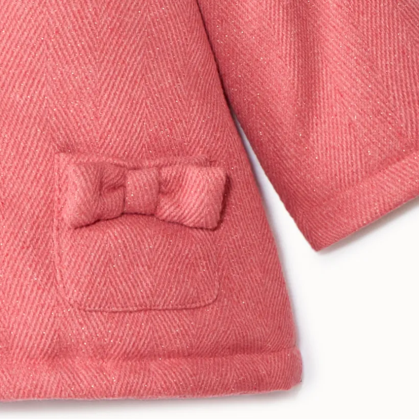 Manteau drap de laine rose à capuche pour bébé fille