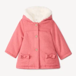 Manteau drap de laine rose à capuche pour bébé fille