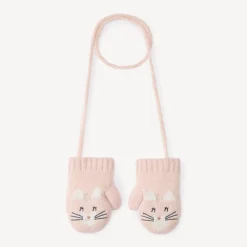 Moufles reliées motif chat en tricot pour bébé fille