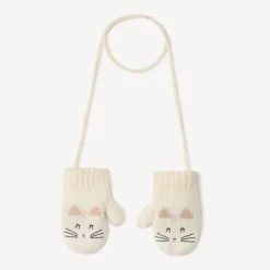 Moufles reliées motif chat en tricot pour bébé fille