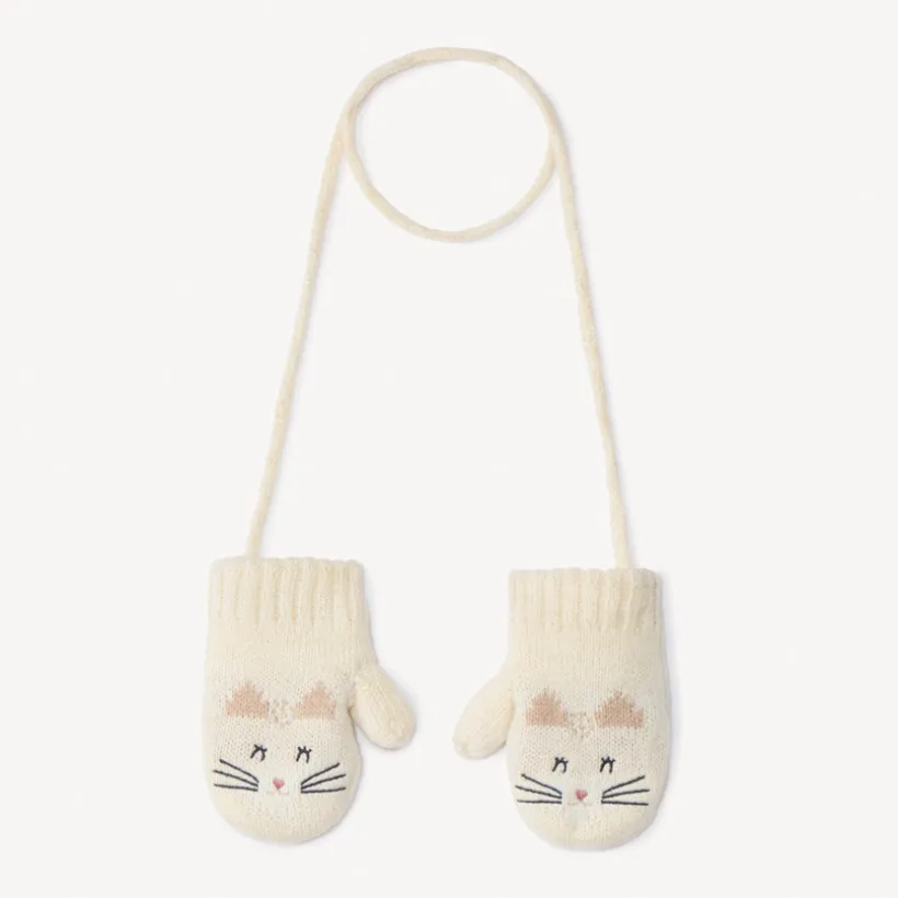Moufles reliées motif chat en tricot pour bébé fille