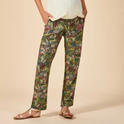 Pantalon large et fluide avec ceinture à nouer imprimé feuillage pour femme