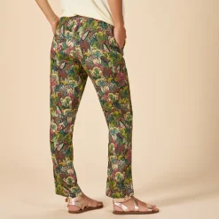 Pantalon large et fluide avec ceinture à nouer imprimé feuillage pour femme