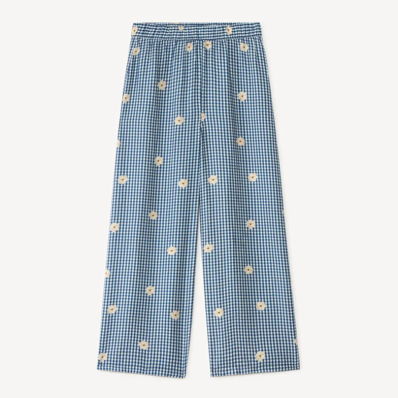 Pantalon large vichy et broderie fleurie pour fille