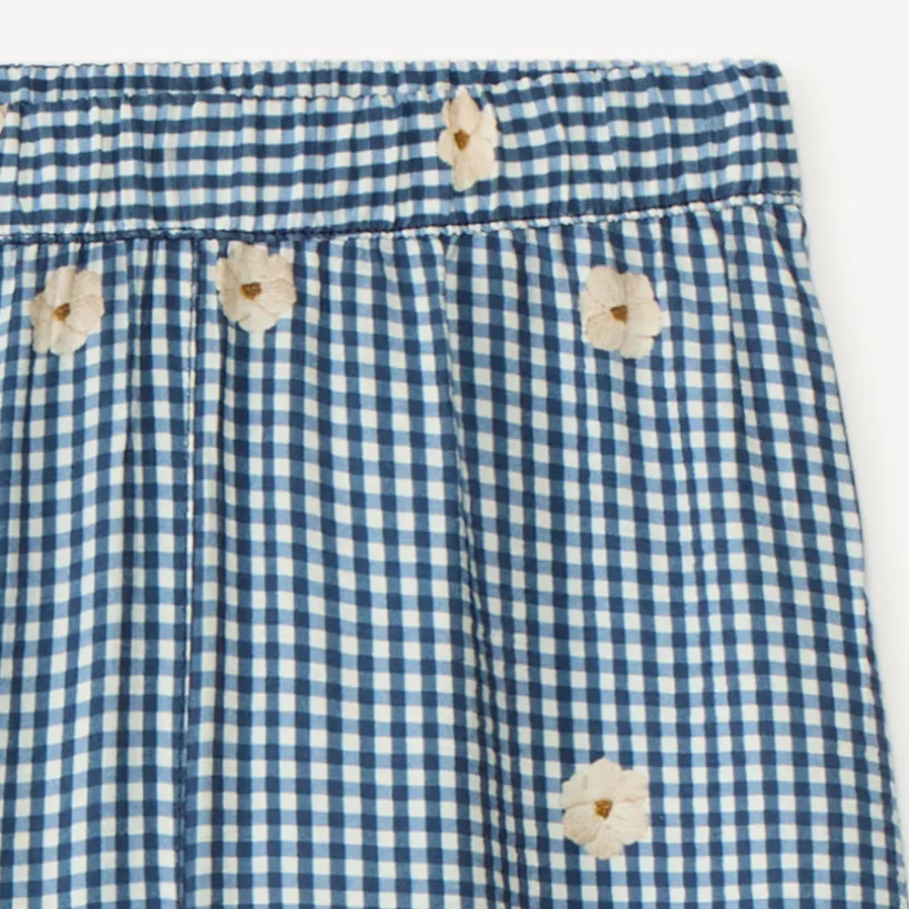 Pantalon large vichy et broderie fleurie pour fille