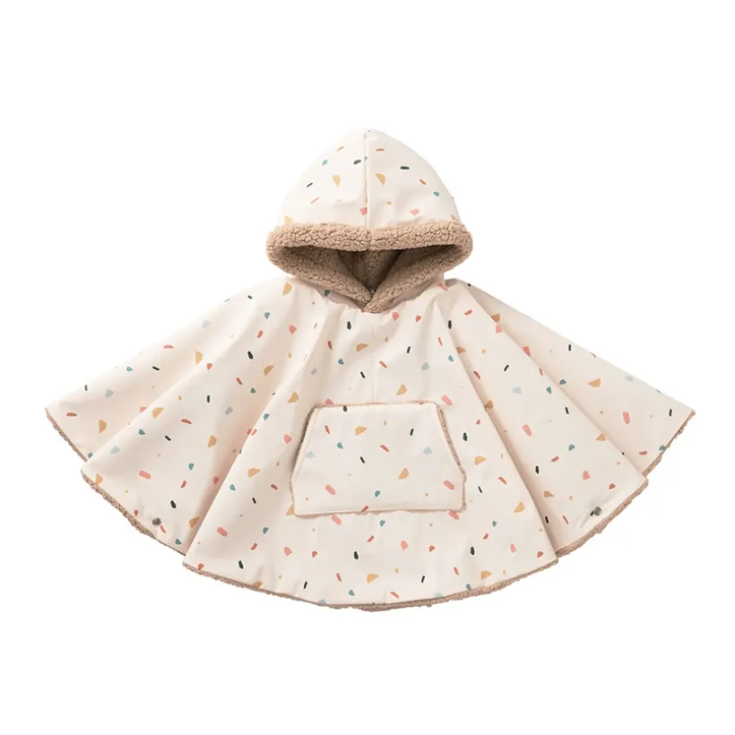 Poncho ciré à capuche doublé sherpa terrazzo/beige