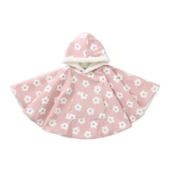 Poncho ciré à capuche doublé sherpa imprimé fleurs rose