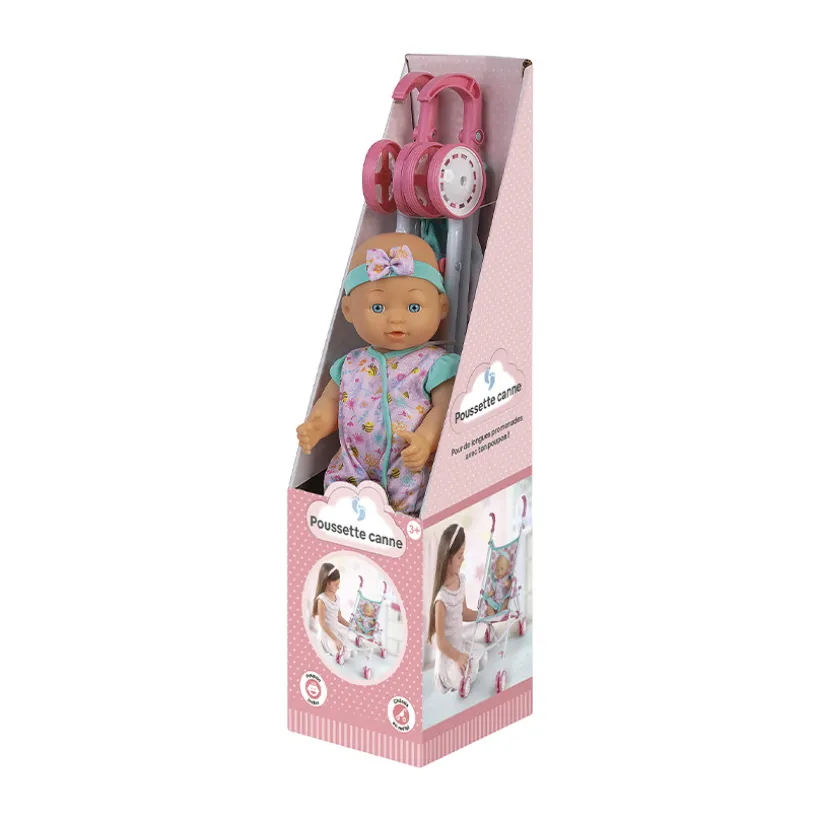 Poupon de 33 cm avec sa poussette canne à pois