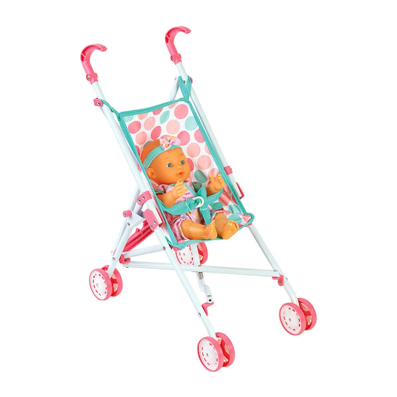 Poupon de 33 cm avec sa poussette canne à pois