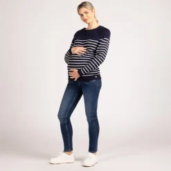 Pull d'allaitement en tricot rayé esprit marinière avec col fantaisie