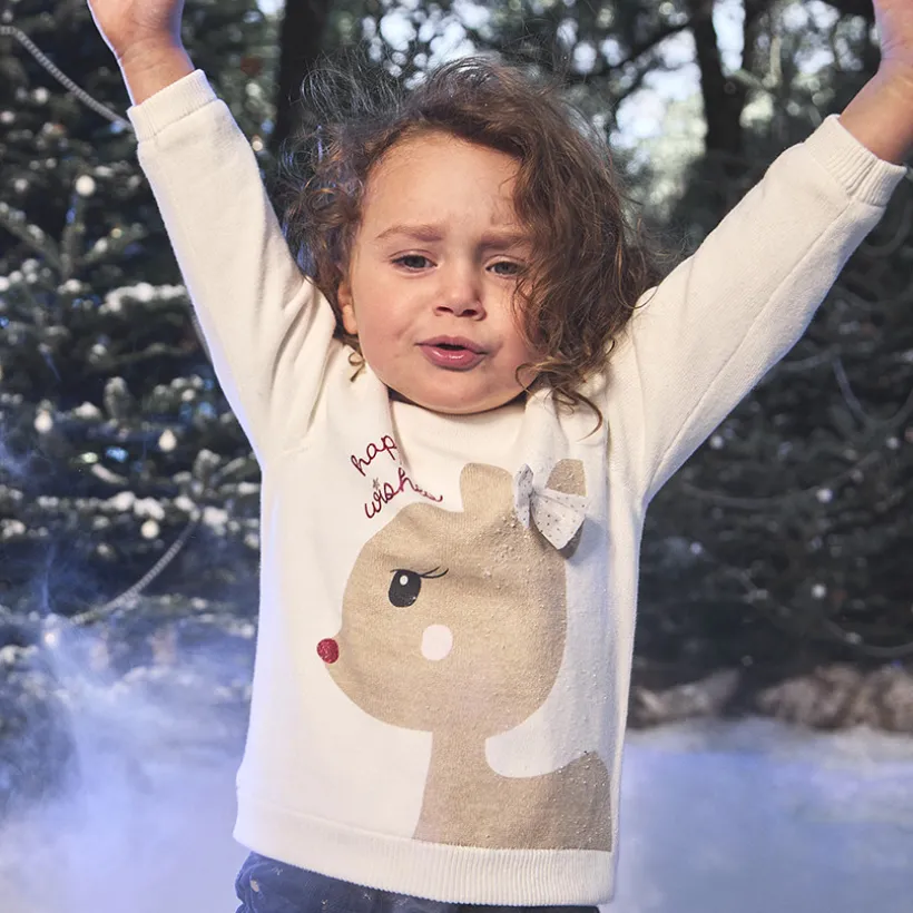 Pull en tricot doublé velours motif biche pour bébé fille