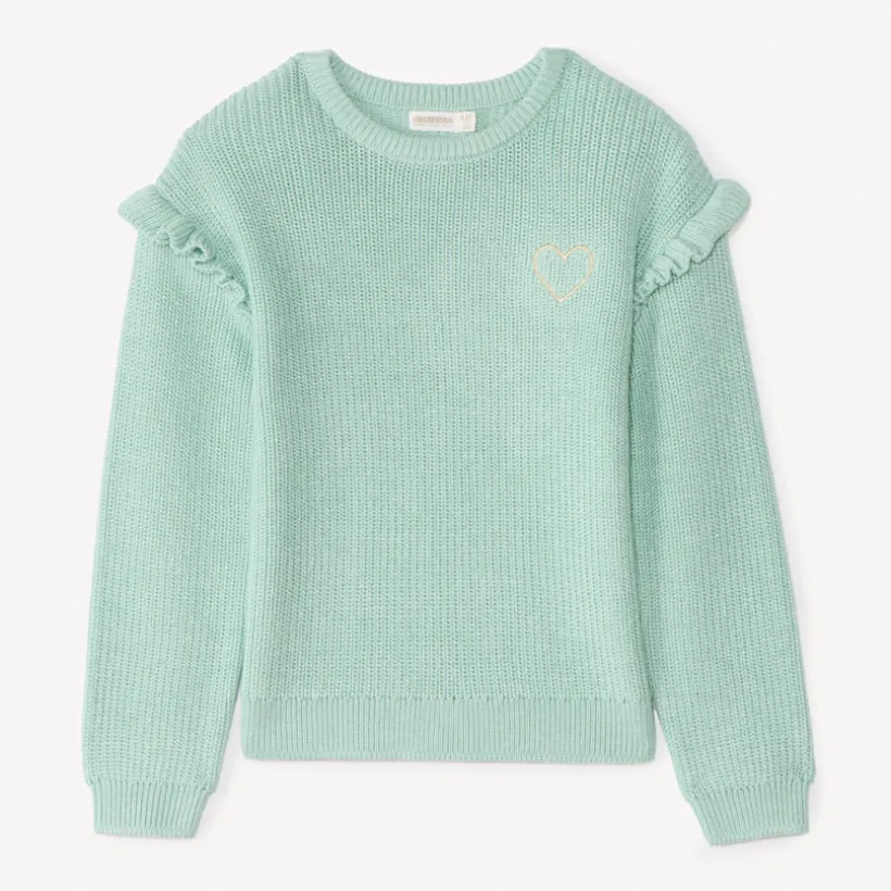 Pull en tricot perlé uni brodé cœur pour fille