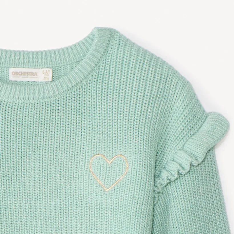 Pull en tricot perlé uni brodé cœur pour fille