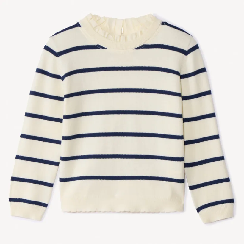 Pull en tricot à rayures et col popeline volantée pour fille