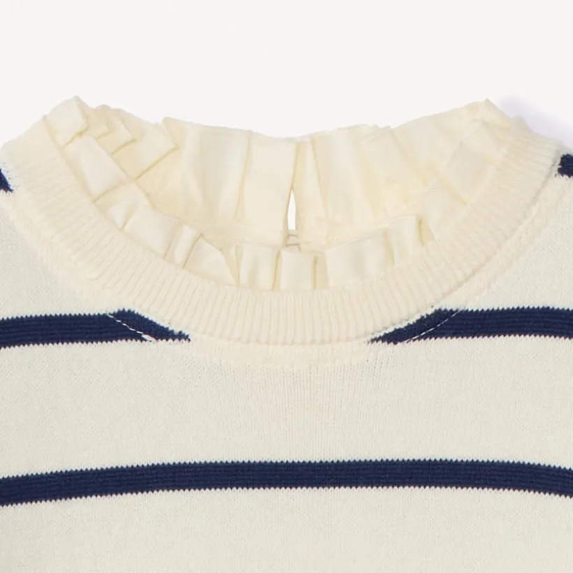 Pull en tricot à rayures et col popeline volantée pour fille