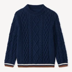 Pull en tricot uni effet torsadé avec liseré coloré pour garçon