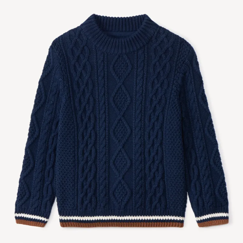 Pull en tricot uni effet torsadé avec liseré coloré pour garçon