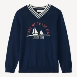 Pull à manches longues à col V print bateau pour garçon