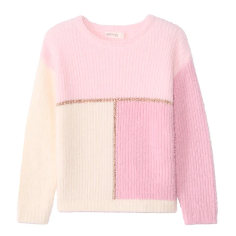 Pull manches longues en tricot pelucheux tricolore pour fille