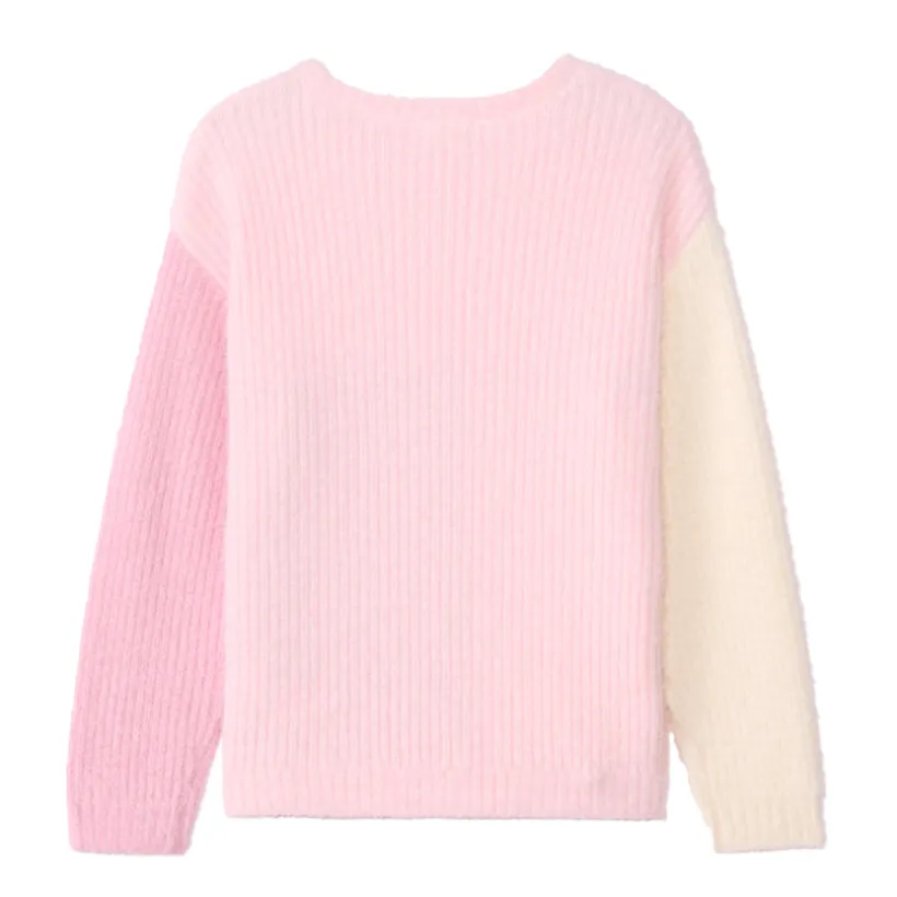 Pull manches longues en tricot pelucheux tricolore pour fille