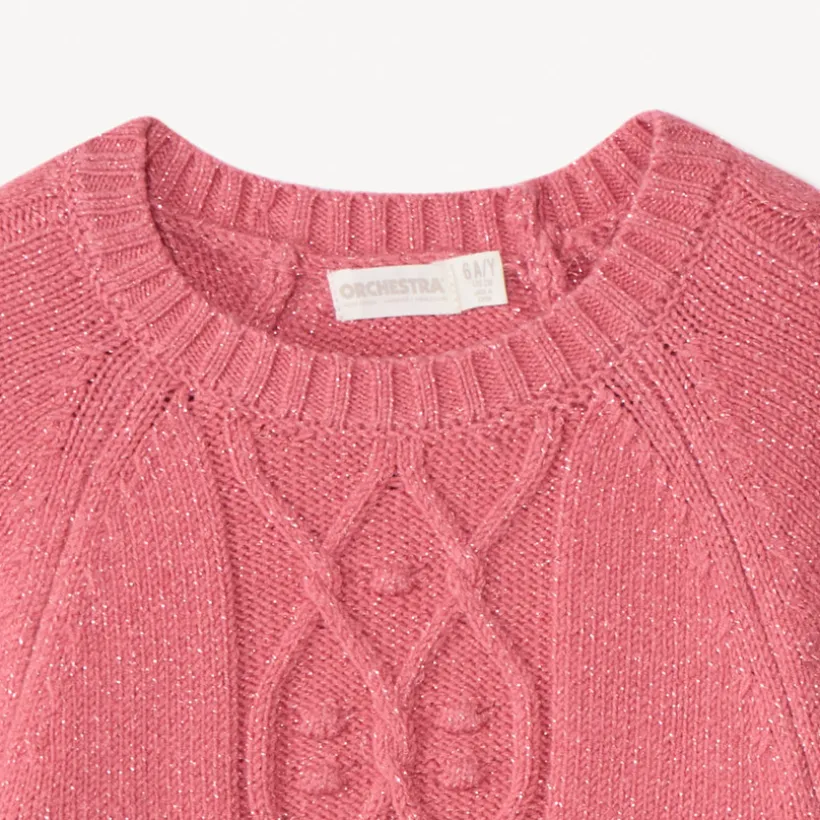Pull manches longues en tricot torsades et lurex pailleté pour fille