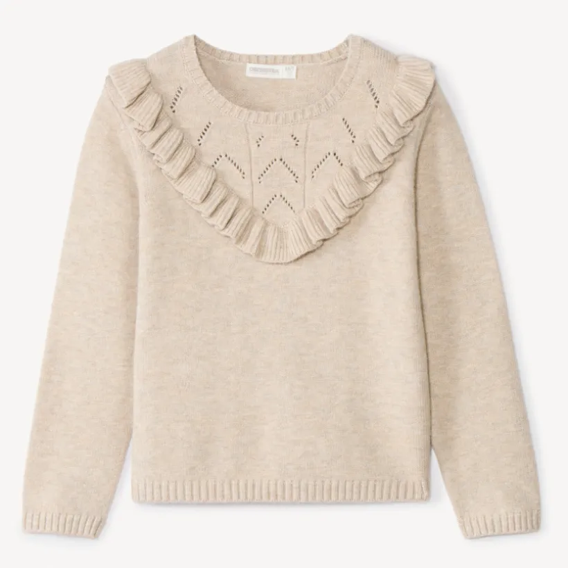 Pull à manches longues en tricot fantaisie avec volants et torsades pour fille