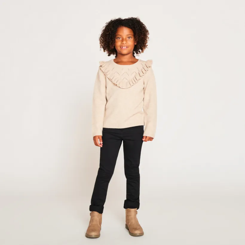 Pull à manches longues en tricot fantaisie avec volants et torsades pour fille