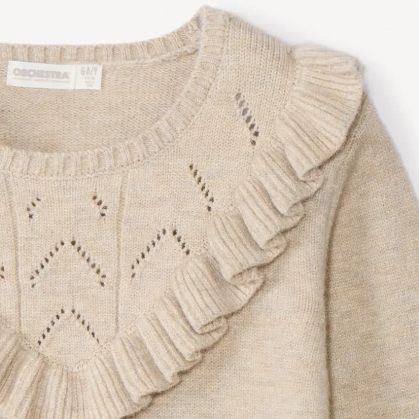 Pull à manches longues en tricot fantaisie avec volants et torsades pour fille