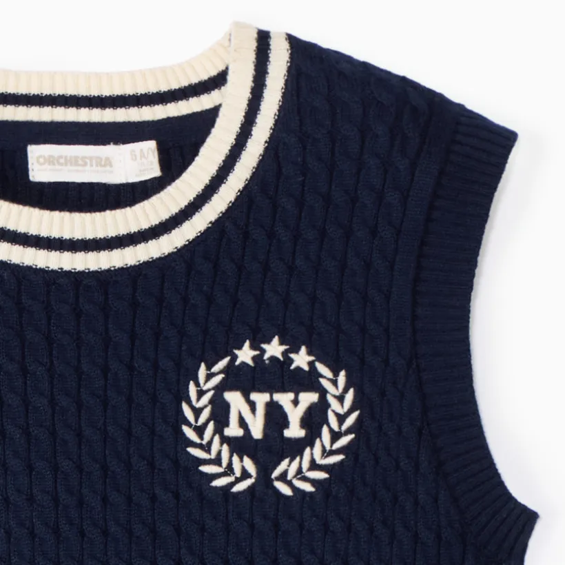 Pull sans manches en tricot torsade et broderie pour fille