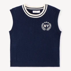 Pull sans manches en tricot torsade et broderie pour fille