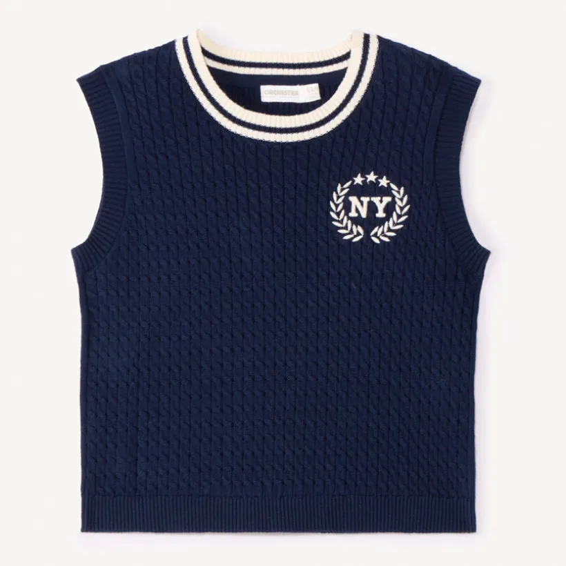 Pull sans manches en tricot torsade et broderie pour fille