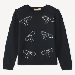 Pull tricot noir avec strass en forme de nœuds pour fille