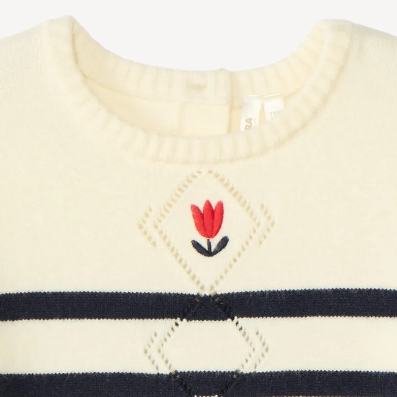 Pull tricot point fantaisie style marinière pour bébé fille