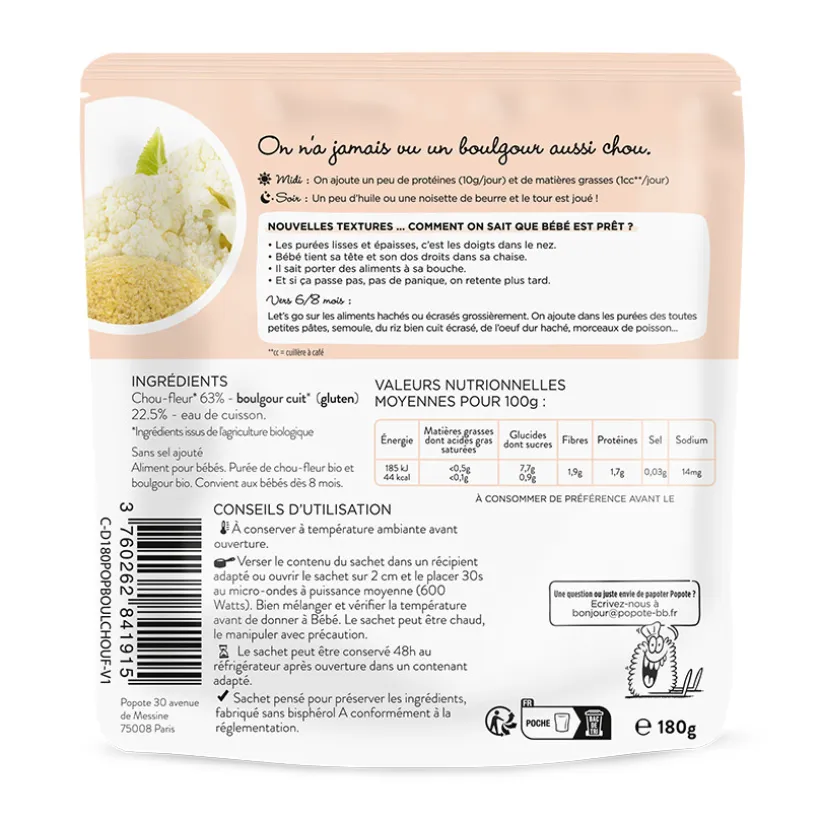 Purée de chou-fleur et boulgour Bio 180g
