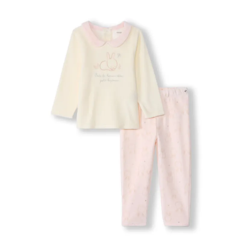 Pyjama 2 pièces lapin en velours pour bébé fille avec finitions différentes selon l'âge