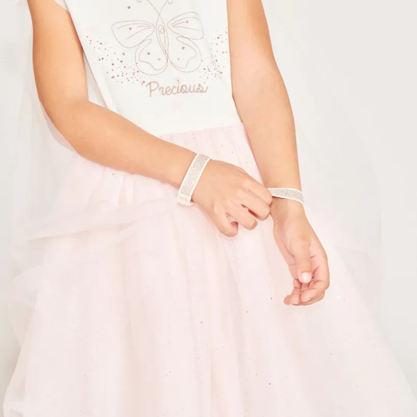 Robe bi-matière avec sa cape en tulle et sa couronne pour fille