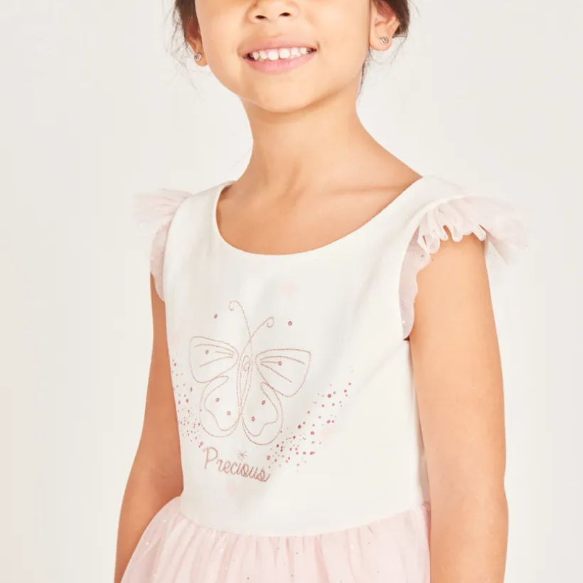 Robe bi-matière avec sa cape en tulle et sa couronne pour fille
