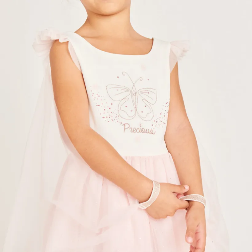 Robe bi-matière avec sa cape en tulle et sa couronne pour fille