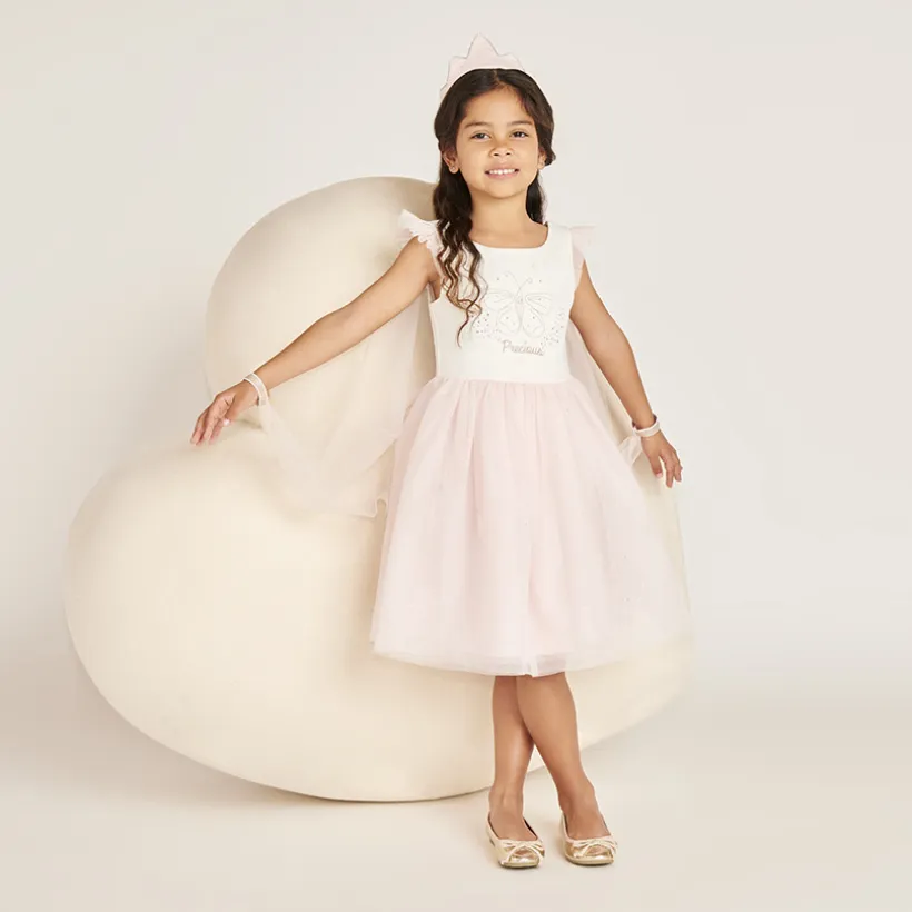 Robe bi-matière avec sa cape en tulle et sa couronne pour fille