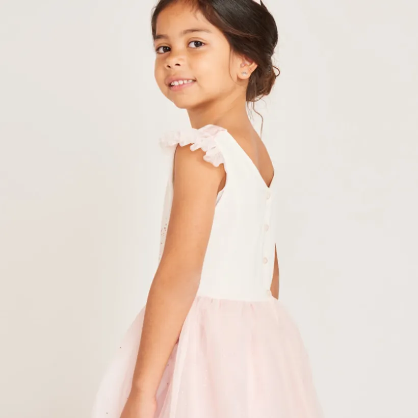 Robe bi-matière avec sa cape en tulle et sa couronne pour fille