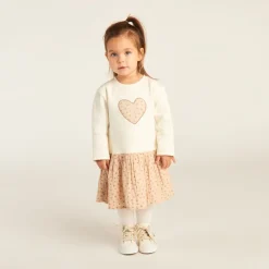 Robe bi-matière effet 2 en 1 à pois pour bébé fille