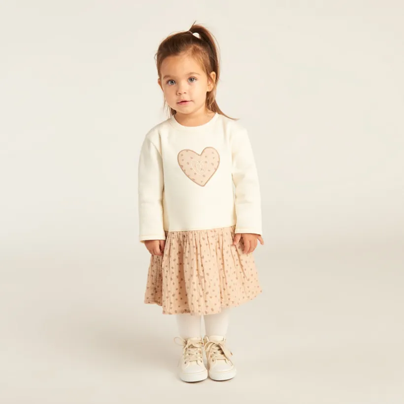 Robe bi-matière effet 2 en 1 à pois pour bébé fille