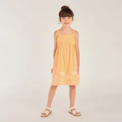 Robe à bretelles unie broderie palmier pour fille