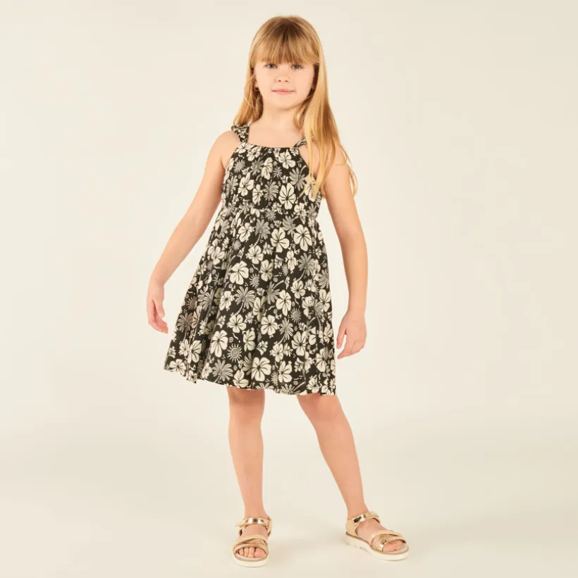 Robe à bretelles volantées imprimé fleurs exotiques pour fille