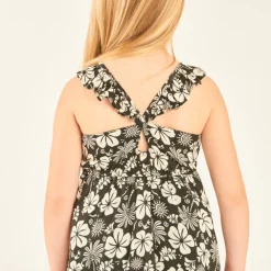 Robe à bretelles volantées imprimé fleurs exotiques pour fille