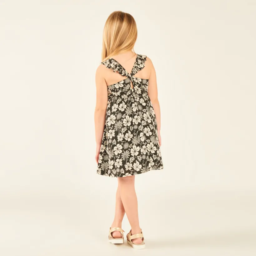 Robe à bretelles volantées imprimé fleurs exotiques pour fille